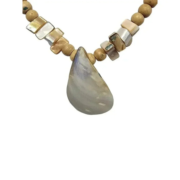 Moonstone Pendant – Wood Beads Necklace – 14 inch Necklace – Closed - Picture 5 of 5